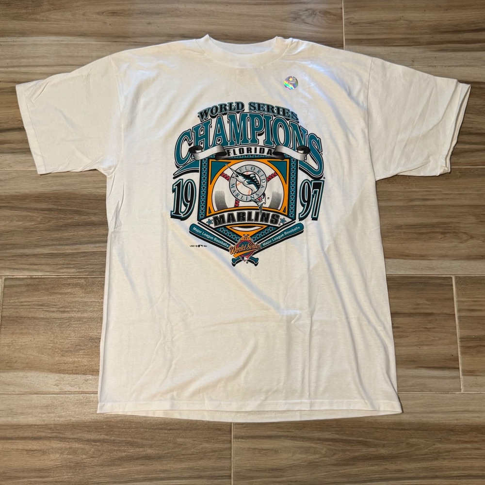 Vintage‎ 1997 Florida Marlins World Series Champions T-Shirt Logo 7 XL White MLB